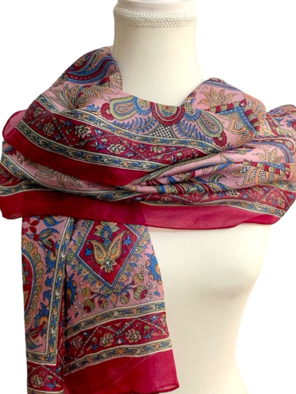 Vintage Pure Silk India Paisley Floral Scarf Wrap Shawl Pink Red Blue 62x19